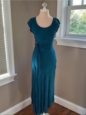 Anthropologie Mouline Souers Teal Cap-Sleeve Wrap-Style Maxi Dress